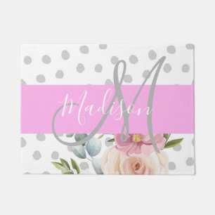 Paillasson Chic & Girly Floral Blanc Rose Gris Monogram Nom