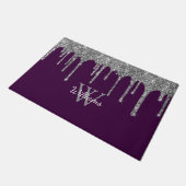 Paillasson Chic Gouttes de Glitter Argent Monogramme Nom Viol (Incliné)
