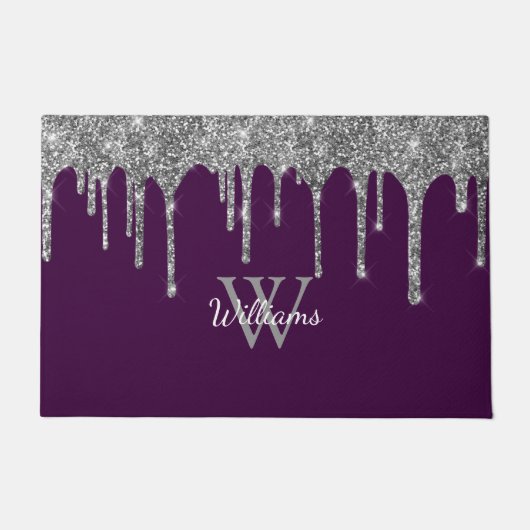 Paillasson Chic Gouttes de Glitter Argent Monogramme Nom Viol (Devant)
