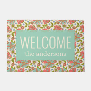 Paillasson Chic Retro Rose & Aqua Floral Bienvenue