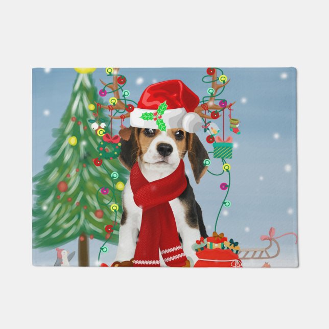 Paillasson Chien beagle en neige avec cadeaux de Noël (Devant)