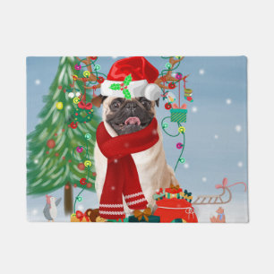 Paillasson Chien carlin en neige avec cadeaux de Noël
