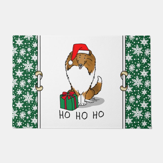 Paillasson Chien de Noël Santa Hat Shetland Sheepdog (sable)  (Devant)