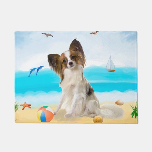 Paillasson Chien de Papillon sur la plage (Devant)