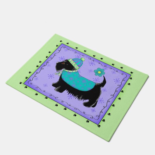Paillasson Chien écossais noir Accueillant Lime vert Lavande (Incliné)