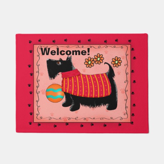 Paillasson Chien écossais noir Bienvenue Corail rouge (Devant)