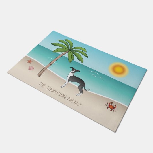 Paillasson Chien Noir Et Blanc Iggy À La Plage Tropicale D'Ét (Incliné)