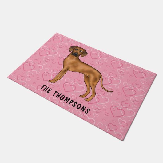 Paillasson Chien Rhodesian Ridgeback Sur Coeurs Rose Avec Nom (Incliné)