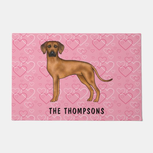 Paillasson Chien Rhodesian Ridgeback Sur Coeurs Rose Avec Nom (Devant)