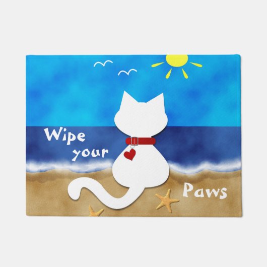 Paillasson Chiffon blanc mignon de thème de plage de chat (Devant)