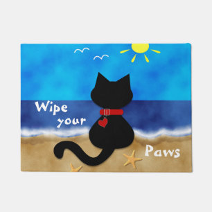 Paillasson Chiffon mignon de thème de plage de chat noir