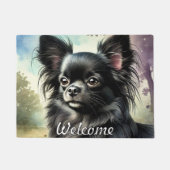 Paillasson Chihuahua noir à long haïre en aquarelle (Devant)