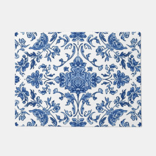 Paillasson Chinoiserie Florale Bleue sur Fond Blanc Aquarelle