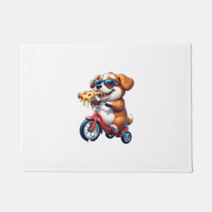 Paillasson chiot à vélo mangeant de la pizza