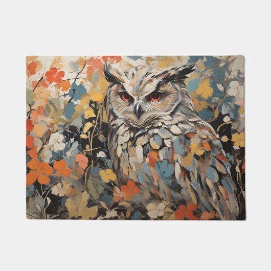 Paillasson Chouette et fleurs en peinture printanière (Devant)