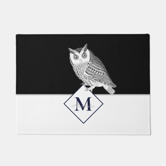 Paillasson Chouette grise monogramme nom bleu (Devant)