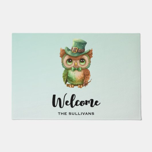 Paillasson Chouette mignonne dans un chapeau vert Bienvenue (Devant)