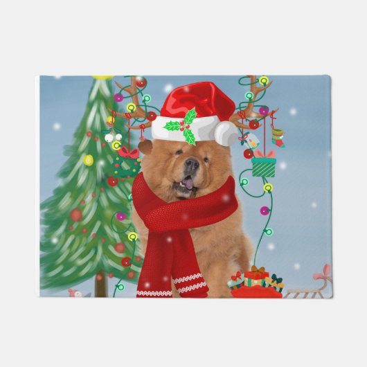 Paillasson Chow Chow Chien en neige avec cadeaux de Noël (Devant)