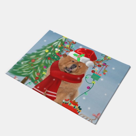 Paillasson Chow Chow Chien en neige avec cadeaux de Noël (Incliné)