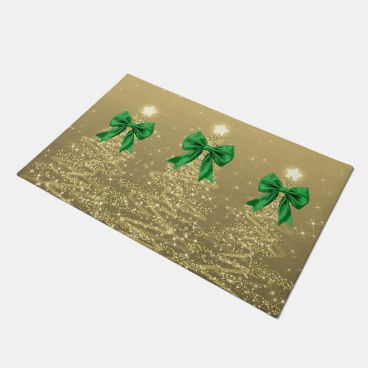 Paillasson Christmas Sparkling Trees Gold Faux Green Bow (Incliné)