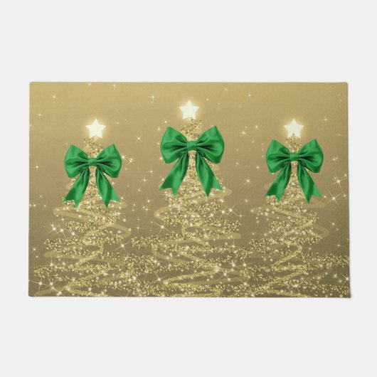 Paillasson Christmas Sparkling Trees Gold Faux Green Bow (Devant)