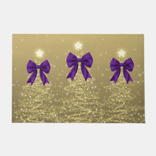 Paillasson Christmas Sparkling Trees Gold Faux Purple Bow (Devant)