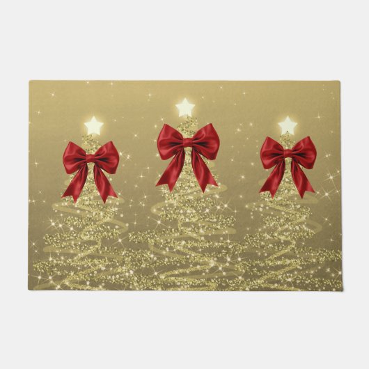 Paillasson Christmas Sparkling Trees Gold Faux Red Bow (Devant)