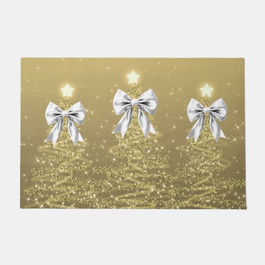 Paillasson Christmas Sparkling Trees Gold Faux Silver Bow (Devant)