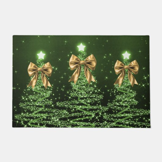 Paillasson Christmas Sparkling Trees Green Faux Gold Bow (Devant)
