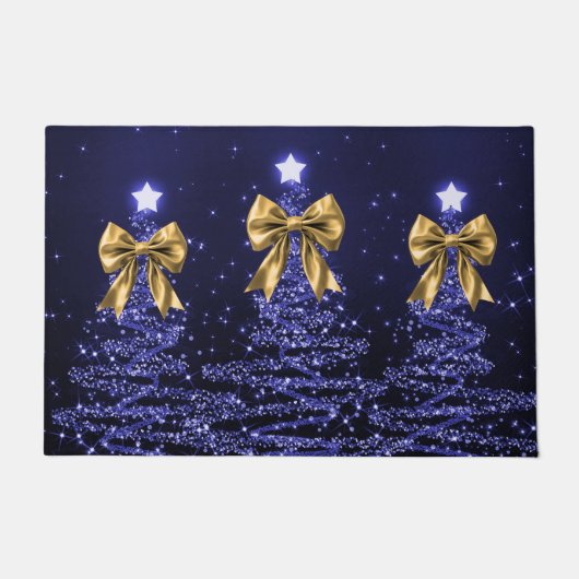 Paillasson Christmas Sparkling Trees Navy Blue Faux Gold Bow  (Devant)