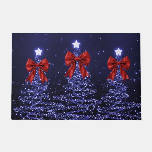 Paillasson Christmas Sparkling Trees Navy Blue Faux Red Bow  (Devant)