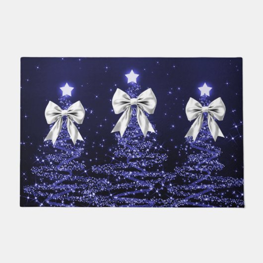 Paillasson Christmas Sparkling Trees Navy Faux Silver Bow (Devant)