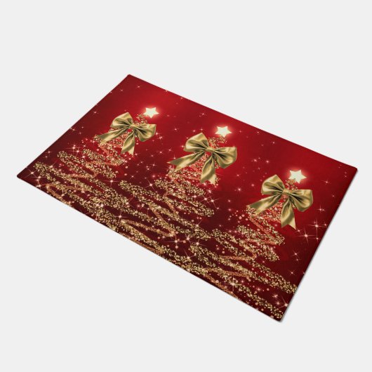 Paillasson Christmas Sparkling Trees Red Gold Faux Bow (Incliné)
