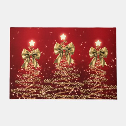Paillasson Christmas Sparkling Trees Red Gold Faux Bow  (Devant)