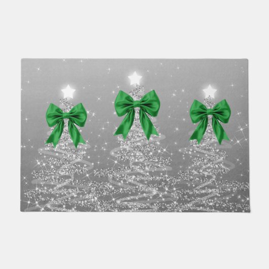 Paillasson Christmas Sparkling Trees Silver Faux Green Bow (Devant)