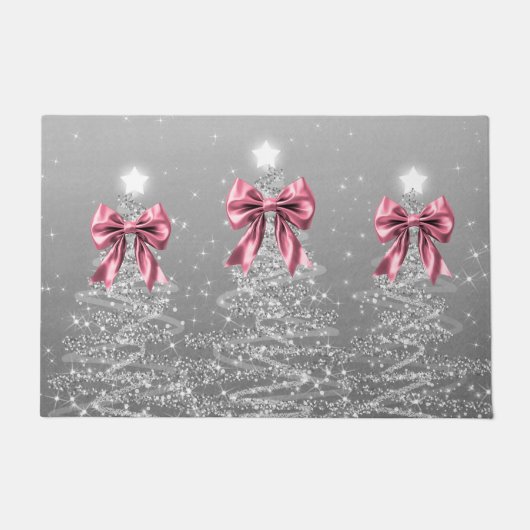 Paillasson Christmas Sparkling Trees Silver Faux Pink Bow (Devant)