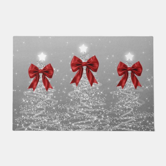 Paillasson Christmas Sparkling Trees Silver Faux Red Bow (Devant)