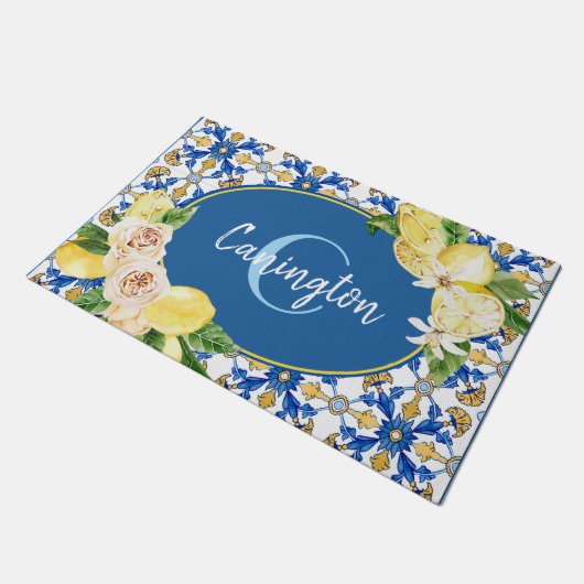 Paillasson Citron bleu Méditerranée Monogramme Nom Nouveau Ac (Incliné)