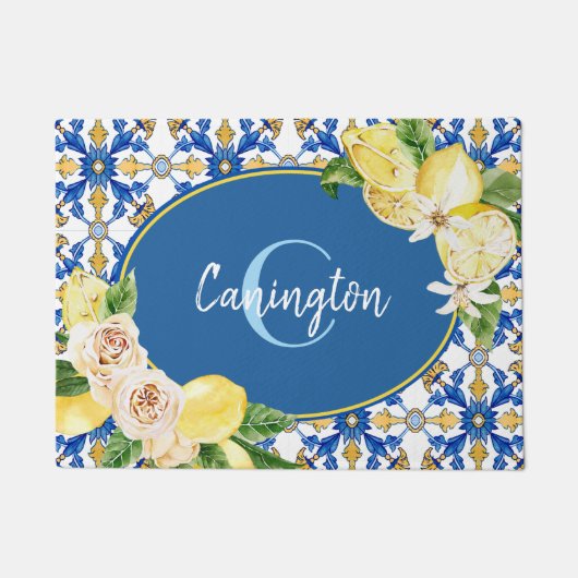 Paillasson Citron bleu Méditerranée Monogramme Nom Nouvelle M (Devant)