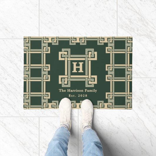 Paillasson Classique Vert Forêt Clé Grecque Monogrammée (Intérieur)