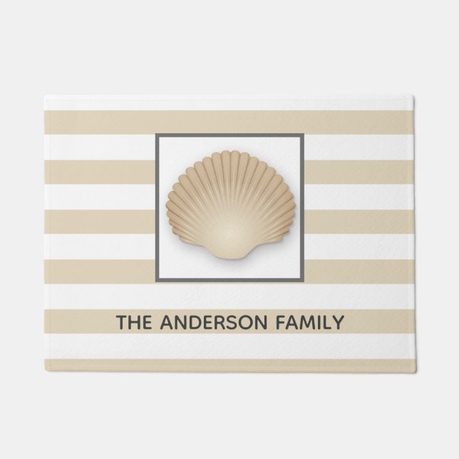 Paillasson Coastal Beach Seashell, Stripes & Nom de famille (Devant)