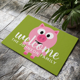 Paillasson Cochon de ferme en caricatures - rose et vert citr