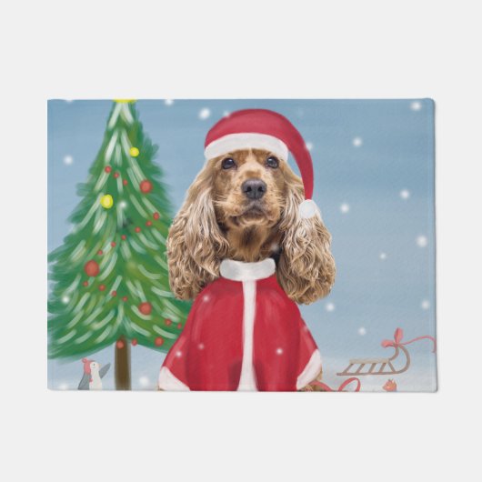 Paillasson Cocker Spaniel Chien en neige avec cadeaux de Noël (Devant)