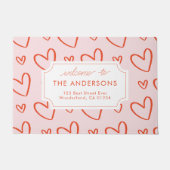 Paillasson Coeurs - adresse de famille rose et rouge (Devant)