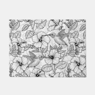 Paillasson Colibris et fleurs d'hibiscus b&w