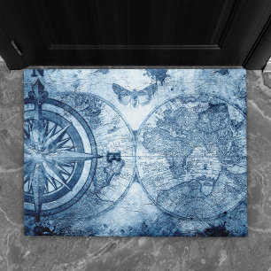 Paillasson Compas vintage Bleu Grunge carte marine