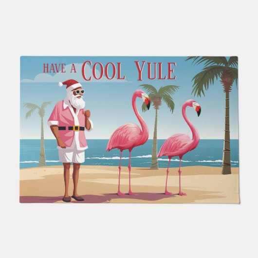 Paillasson Cool Yule Père Noël et Flamants roses Beach Noël (Devant)