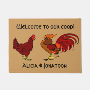 Paillasson Coq et poule "accueil dans notre cage "