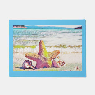 Paillasson Coquillages rose jaune et bleu aquarelle Porte Mat