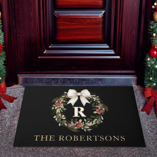 Paillasson Couronne de Noël Classique Monogramme Nom Fêtes
